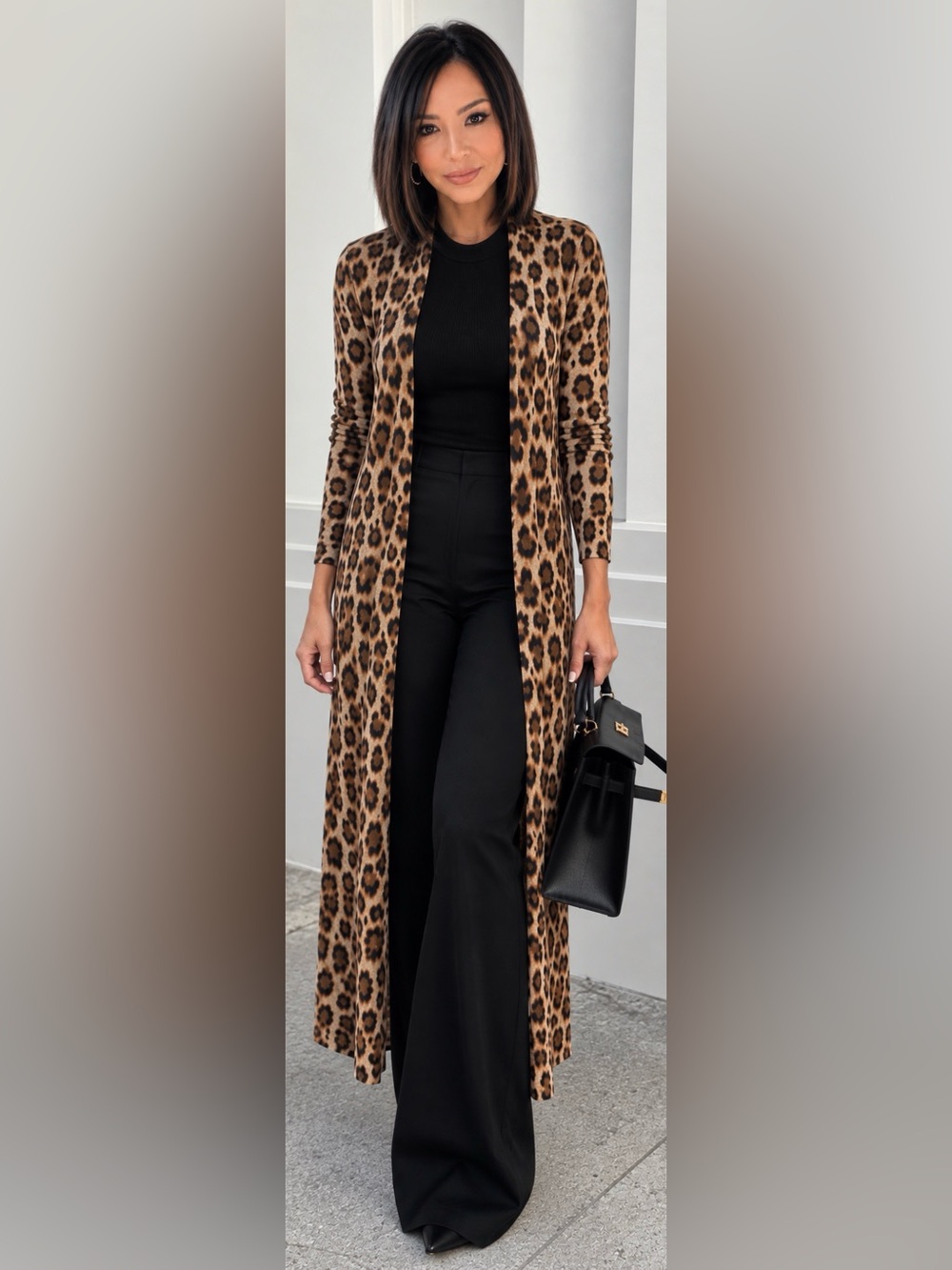 Leopard Print Long Open Front Cardigan Duster - Brown